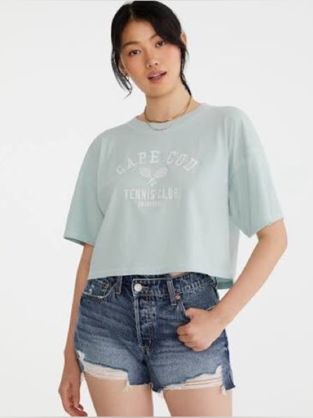 Aeropostale Crop Cotton Graphic Tee - Cape Cod Tennis Club Light Blue